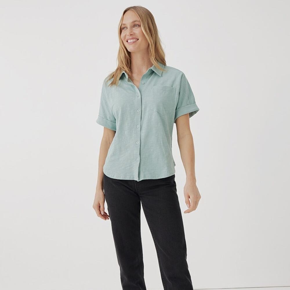 Pact Womens Medium Relaxed Slub Button Up Top Casual Office Minimalist Basic